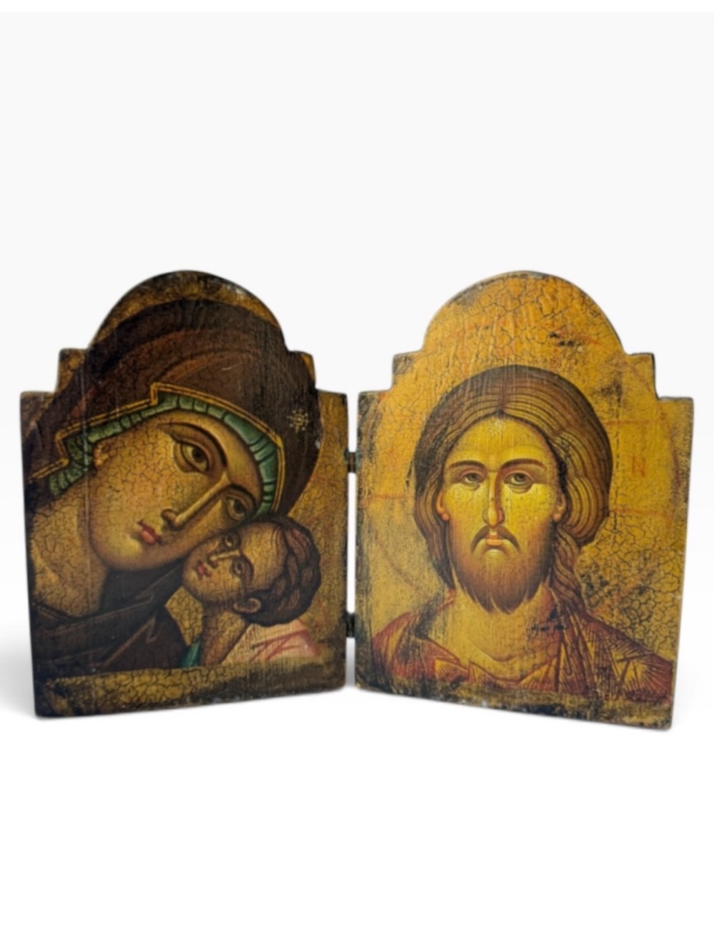 Vintage Russian Orthodox Icon Virgin Mary Jesus Wooden Hinged Tabletop Diptych